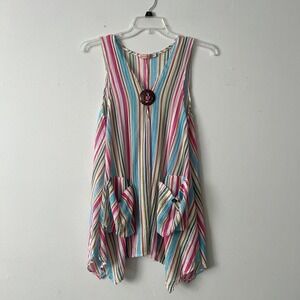 Multi-coloured striped flowy tank top tunic, beach coverup net with pockets